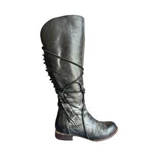 Freebird By Steven Stag Low Heel Knee High Lace Up Leather Boots  Black 9